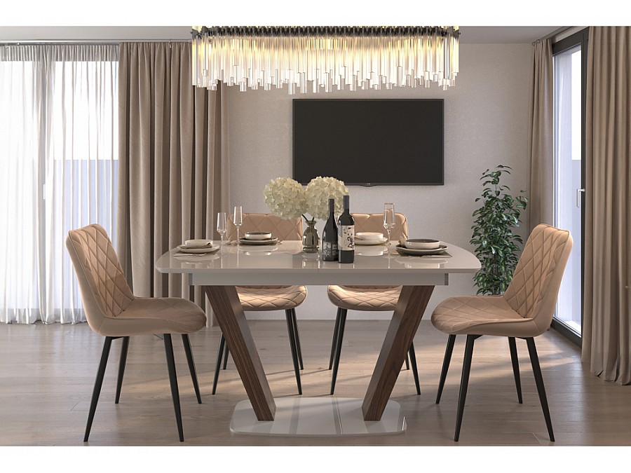 Стол стеклянный Петир 120(160)х80х75 gilt white / дуб монтана