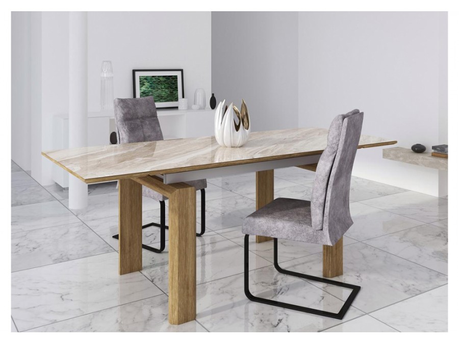 Стол стеклянный Давос 140(200)х80х78 бежевый мрамор