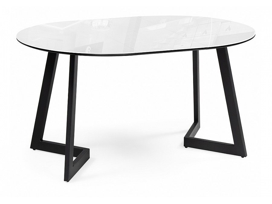 Стол стеклянный Алингсос 100(140)х100х76 белый / белая шагрень / черный кварц