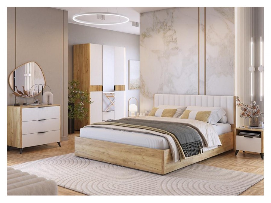 Адам трехдверный с зеркалом дуб крафт золотой / белое дерево