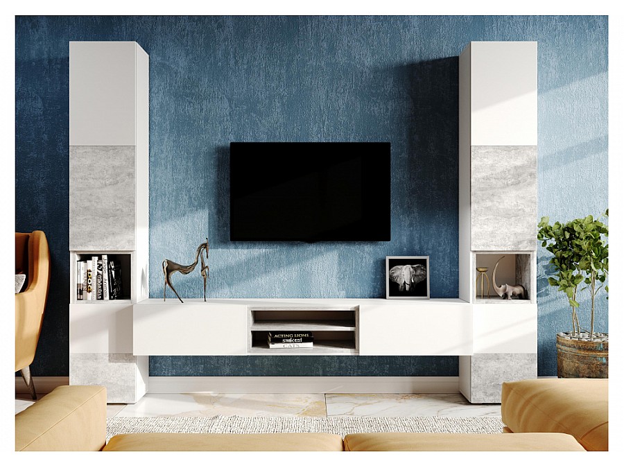 Стеллаж Лонгфорд белый / бетон светлый