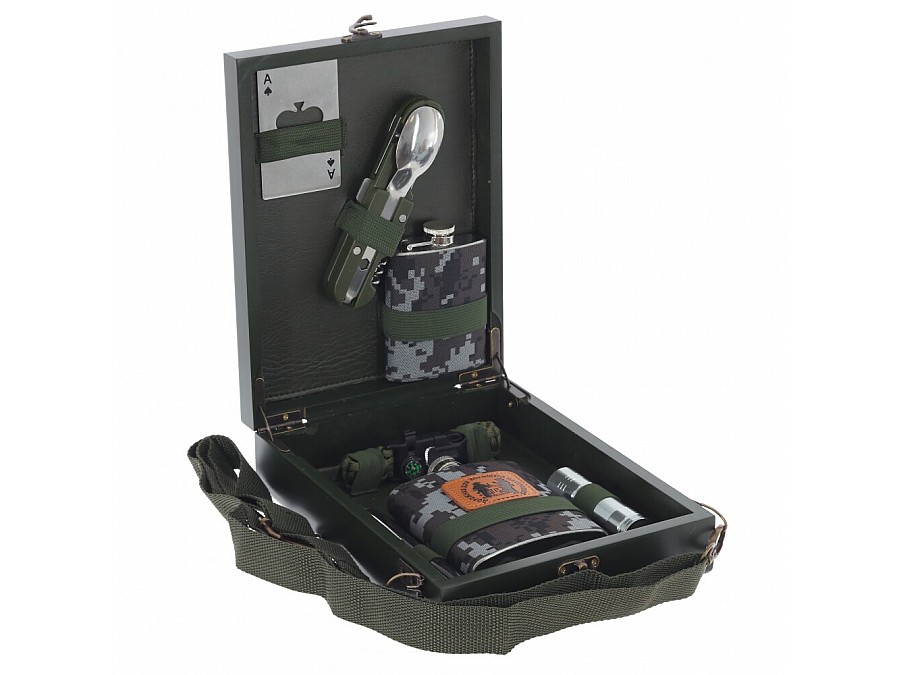 Набор из 7-ми предм: фляжка 210 мл, фляжка 120 мл, ручка, фонарь, компас, открывалка, складной н-р,