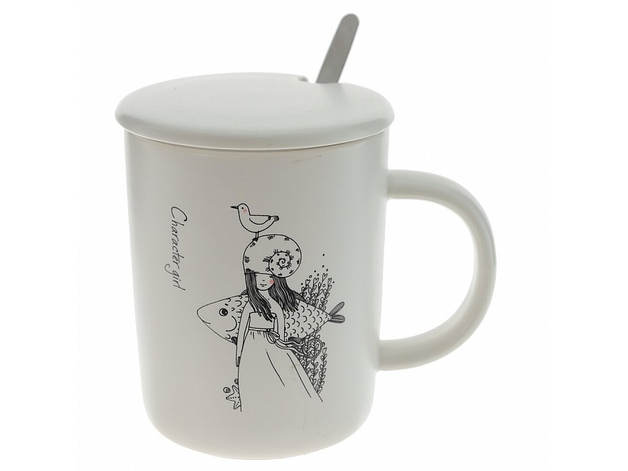 Кружка с крышкой и ложкой, 350 мл, L11,5 W8 H11 см, 4в.