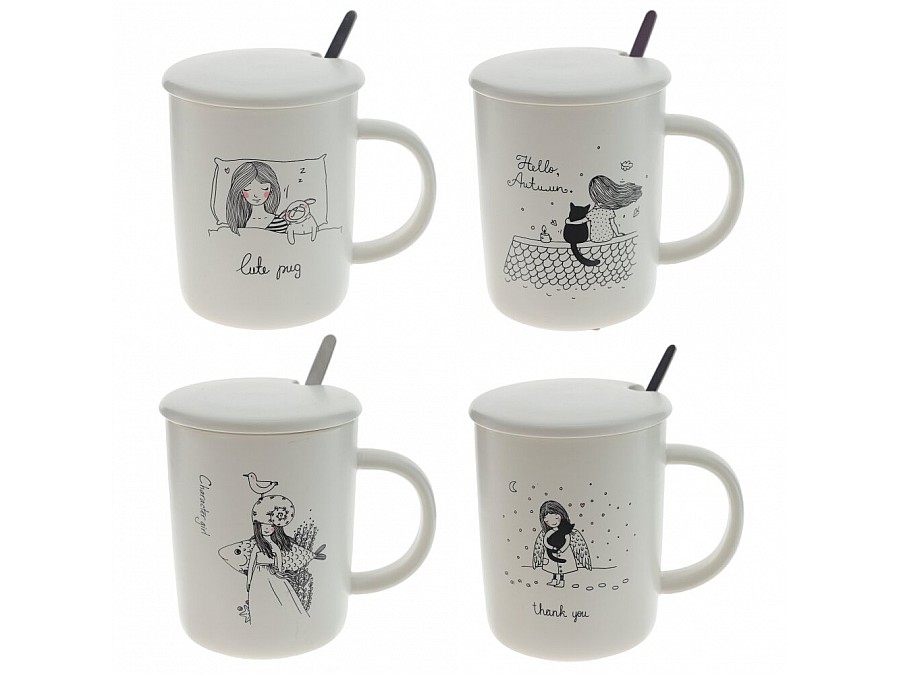 Кружка с крышкой и ложкой, 350 мл, L11,5 W8 H11 см, 4в.