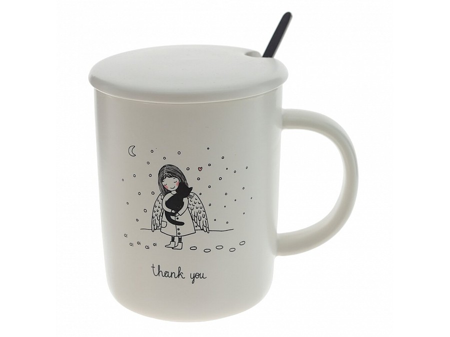 Кружка с крышкой и ложкой, 350 мл, L11,5 W8 H11 см, 4в.