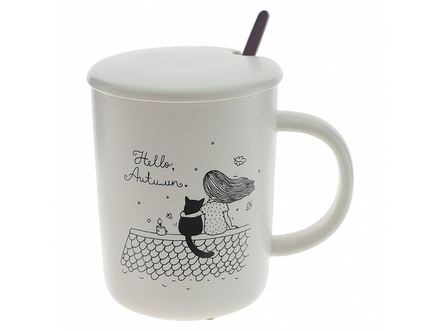 Кружка с крышкой и ложкой, 350 мл, L11,5 W8 H11 см, 4в.