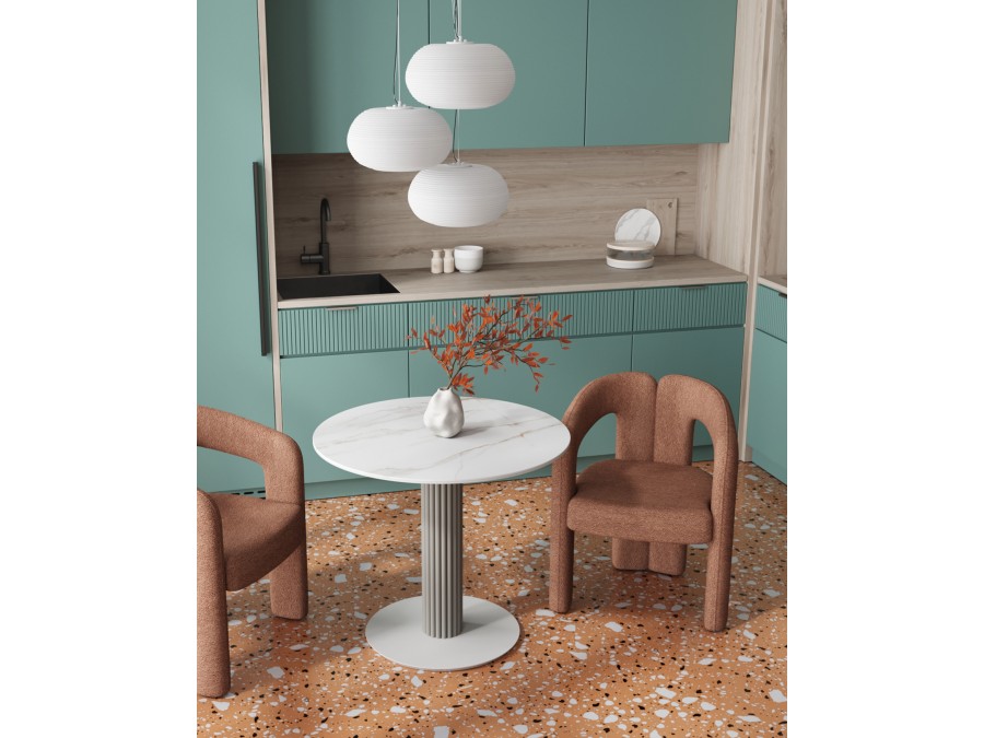 Стол круглый Терралино D90 верх керамика белый матовый, основание металл латте