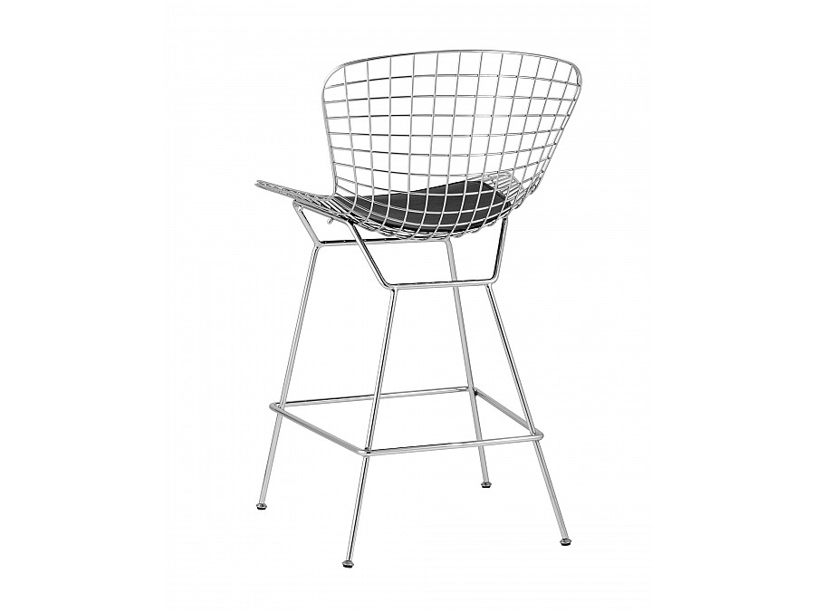 Стул полубарный с низкой спинкой Bertoia хромированный с черной подушкой