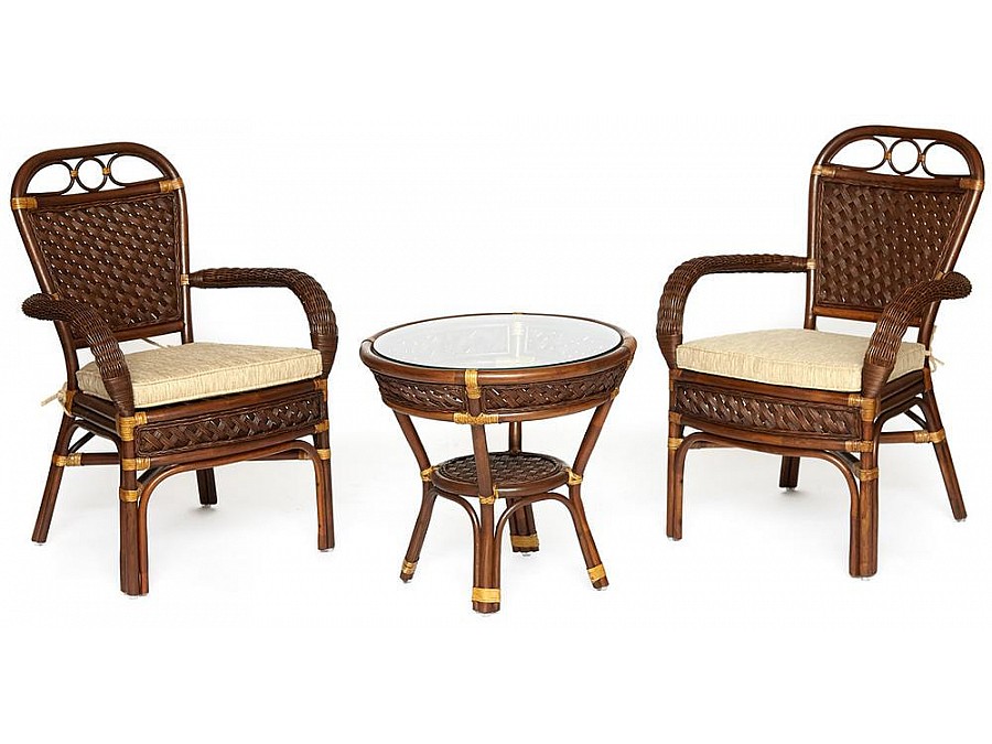 Комплект террасный ANDREA (стол кофейный со стеклом + 2 кресла + подушки)