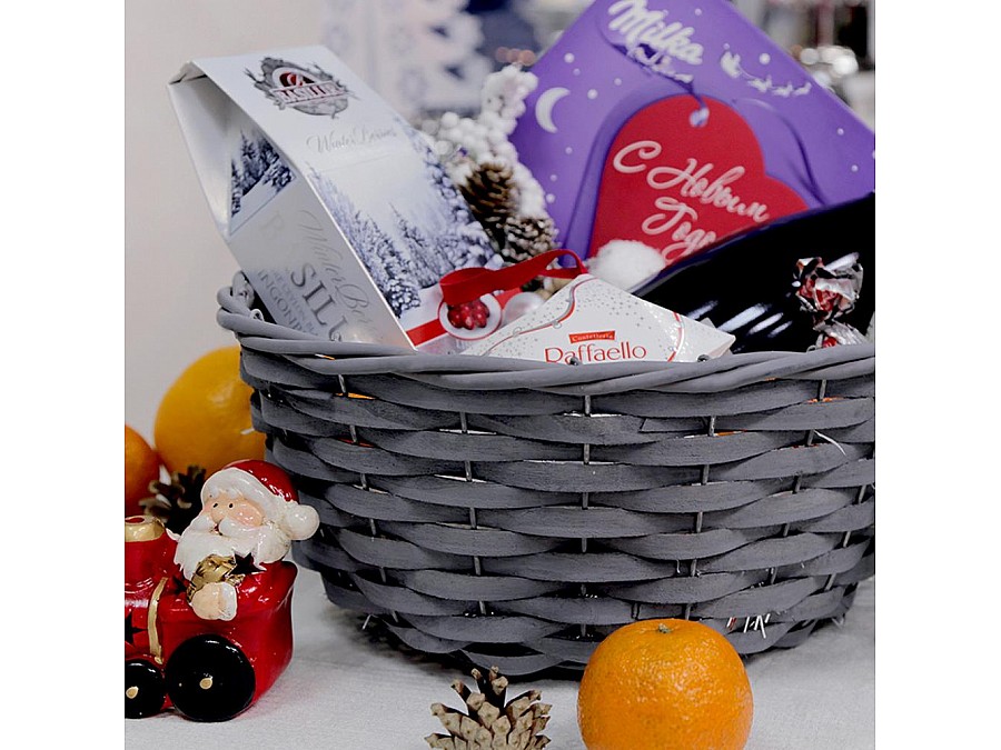 Корзина подарочная круглая Д300 Ш300 В140, графит