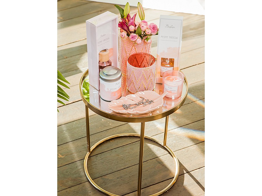 Декоративная стеклянная ваза-подсвечник, Д110 Ш110 В165, розовый с золотым напылением