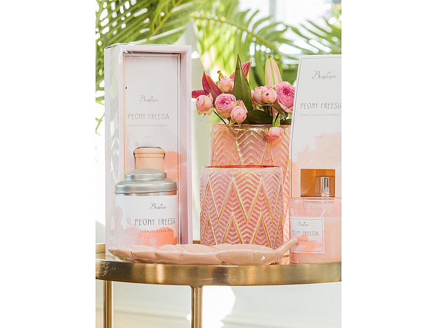 Декоративная стеклянная ваза-подсвечник, Д110 Ш110 В165, розовый с золотым напылением