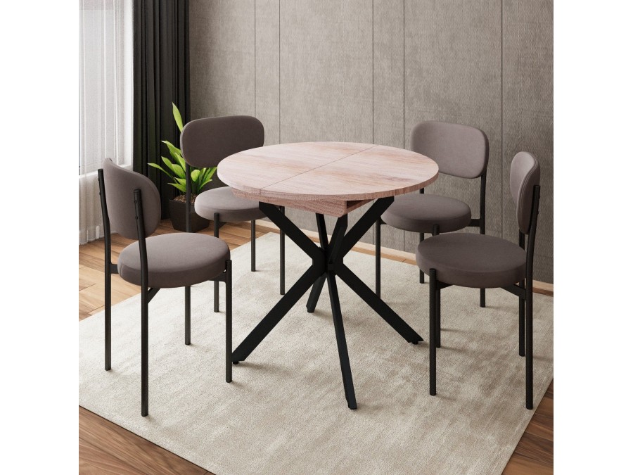 Стол круглый раздвижной Твист (90+30) дуб эндгрейн / опоры черные