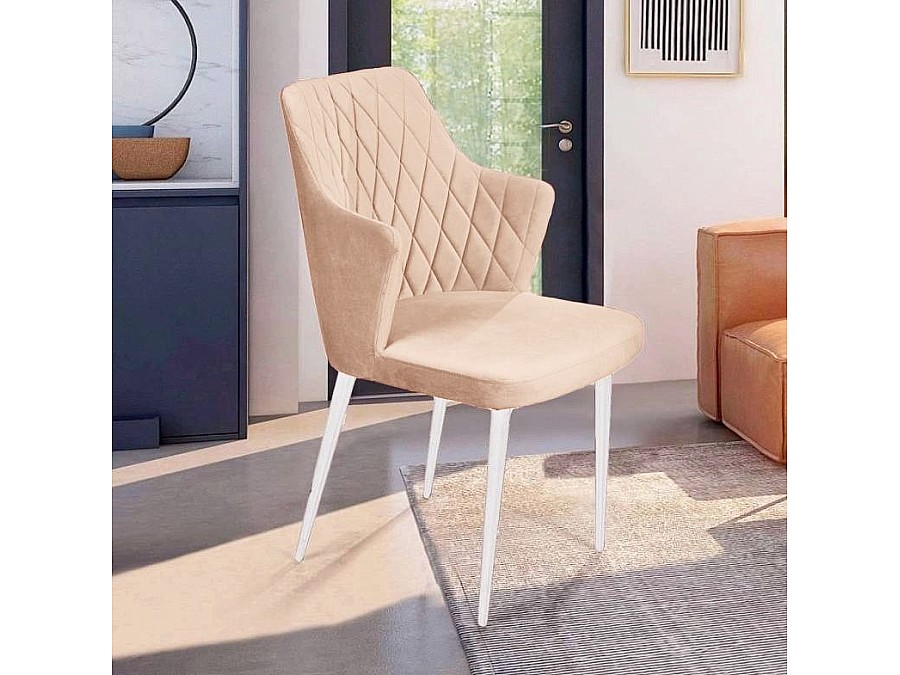 Стул с подлокотниками Hunt ромб, бархат бежевый 5 / белый конус